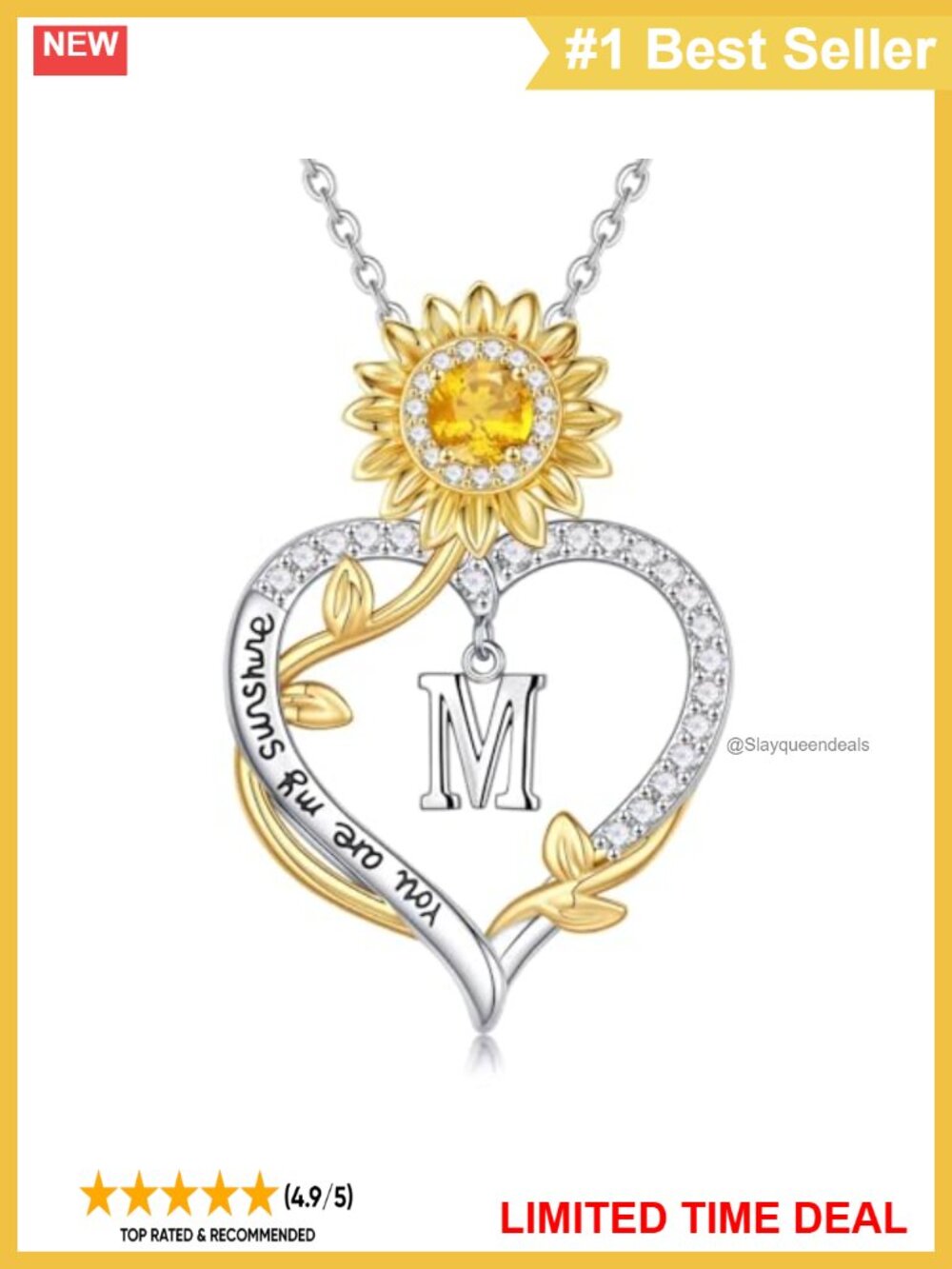 14k White Gold Plated Sunflower Initial Necklace CZ Pendant